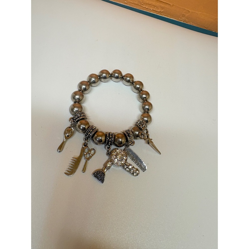 Silver Tone Hair Stylist Charm Bracelet Blow Dryer Scissors Rhinestone